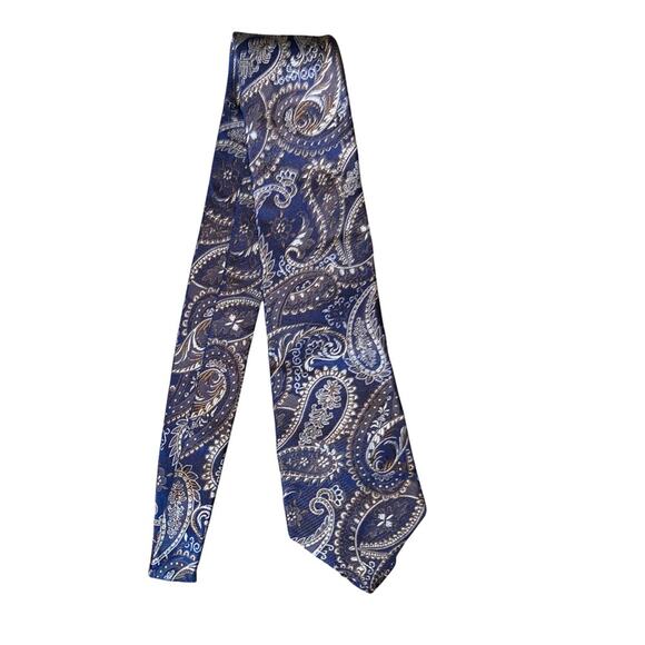 Express Design Studio Paisley Print Blue and Brown 100% Italian Silk Tie - Picture 6 of 12